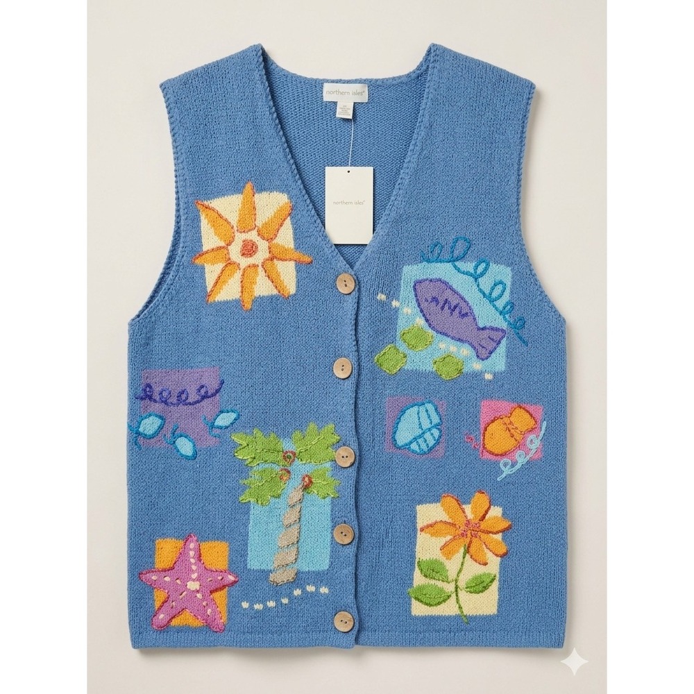 Northern Isles Coastal Grandma Beach Embroidered Knit Sweater Vest Tree XL NWT